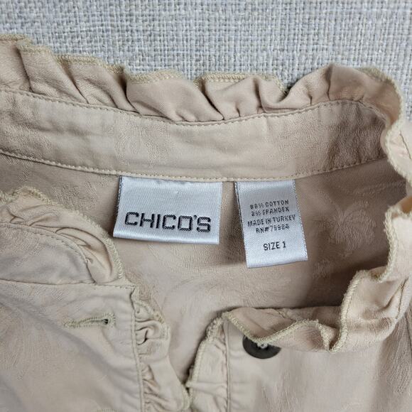 Chico's Womens Jacket Size 1 Beige Mock Neck Button Up Ruffled Trim Long Sleeve - Picture 7 of 16